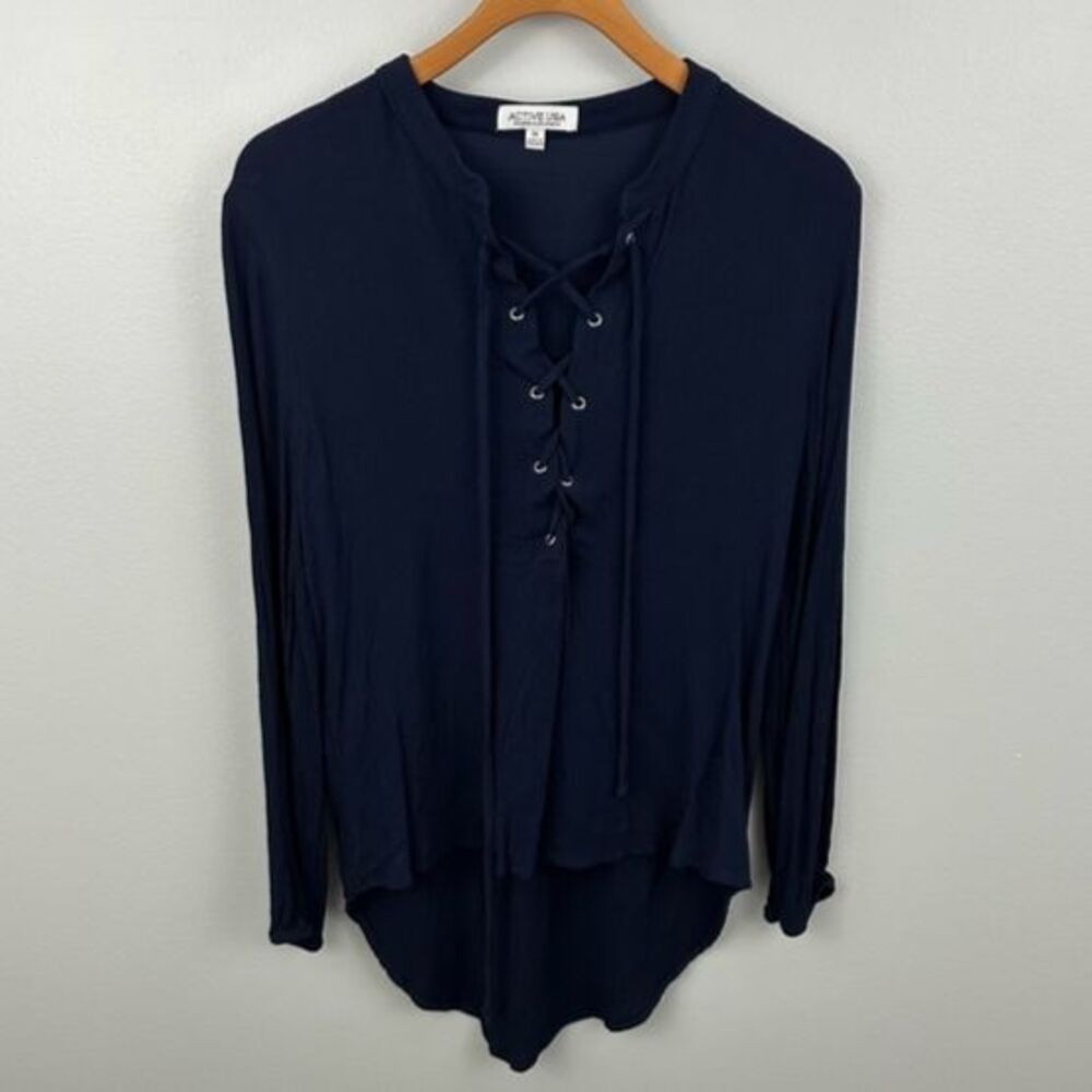 Active USA Navy Blue Long Sleeve Coastal Blouse Size Medium Coastal Chic